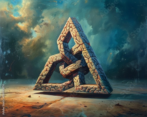 A Penrose triangle with brain-shaped sides, representing the impossibility and paradox of some mental constructs, rule of thirds composition, high detail