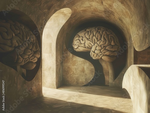 A Plato's cave with brain-shaped shadows on the wall, representing the illusion and perception of reality, rule of thirds composition, crisp edges