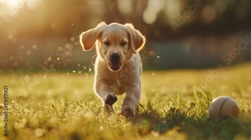 A playful puppy running through a grassy field with a ball. Sharp focus, high detail, crisp edges, 8k resolution. Golden ratio composition,