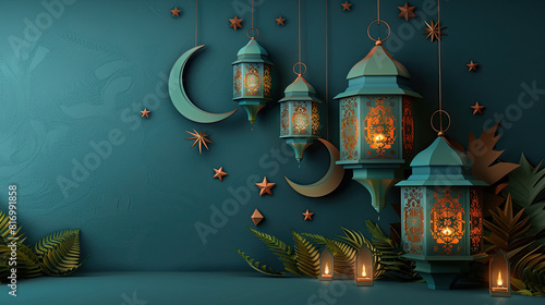 islamic greeting eid ul adha ramadan kareem and eid mubarak card design background with lanterns , lamps and lights 