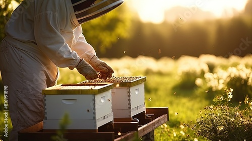 The beekeeper works in the apiary, takes care of the bees, checking the hive. A beekeeper's veil protects them from stings as they tend to the precious honeybees.