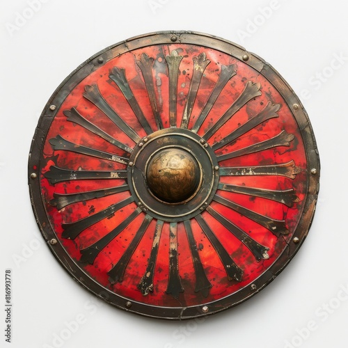 Roman shield scutum in classic red and black colors against a white backdrop