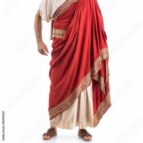 A man wearing a red and white Roman costume