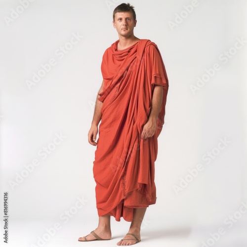 A man standing in front of a white background wearing an orange robe