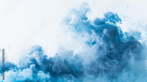 Dynamic blue smoke dispersing dramatically on a clean white background, ideal for eyecatching advertising visuals