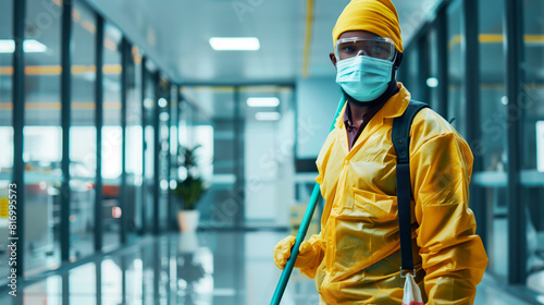 A sanitation worker wearing a protective mask, gloves, and yellow hazmat suit is holding a mop in a polished, modern building hallway.