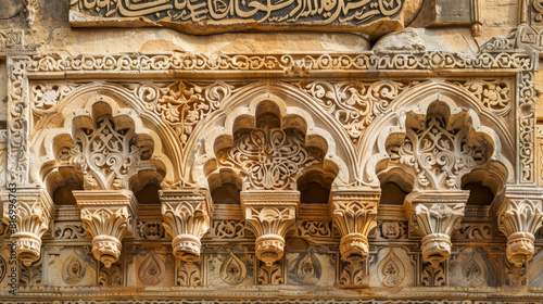 Detailed view of ancient ornate stone carvings with arabesque and calligraphy