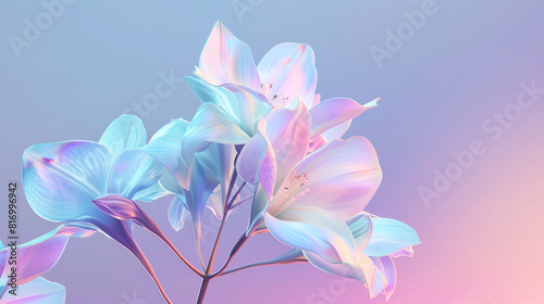 White jasmine flowers in 3D surreal style on gradient holographic pink and purple background with copy-space for text. Background series for summer and spring floral.