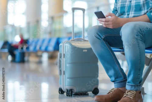 Un touriste anonyme assis dans la salle d'attente de l'aéroport utilise son téléphone. An unrecognizable tourist is sitting in the airport waiting room and using a smartphone.