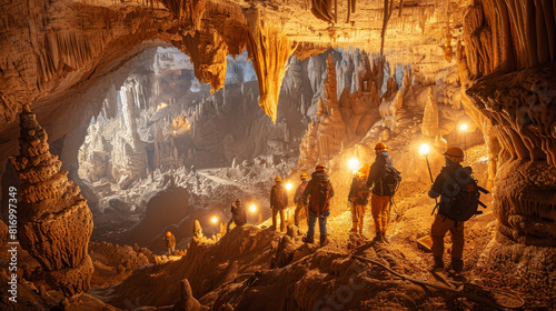 A group of explorers with torches traverses the majestic interiors of an ancient cave system