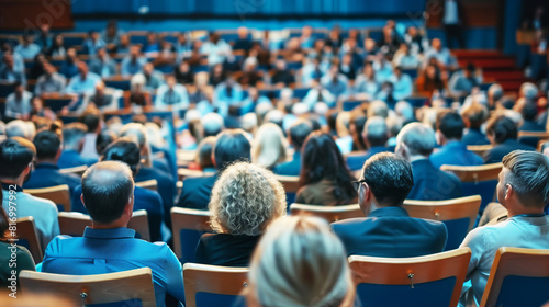 An audience attentively listening to a presentation in a large lecture hall or auditorium. The image focuses on the backs of various people seated in rows of wooden chairs.