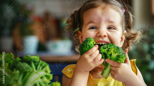 A cheerful child with curly hair happily holds and bites into fresh broccoli florets, promoting healthy eating habits. The background is softly blurred, emphasizing the child and vegetables.