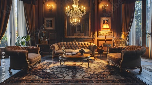 Elegant thCentury Victorian Living Area with Intricate Persian Rug and Ornate Chandelier