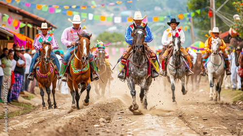 Traditional horse race in a rural community with riders dressed in colorful attire