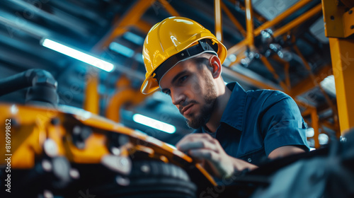 A focused industrial worker in a yellow hard hat and blue uniform inspecting machinery in a factory setting with industrial equipment and bright lighting in the background.