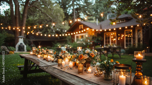 Enchanting evening backyard wedding with romantic candlelit decor and string lights