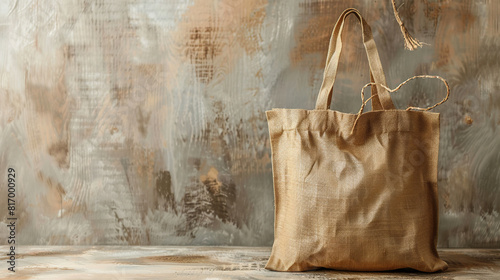 beige shopping bag or tote bag on neutral abstract background , shopping fashion concept