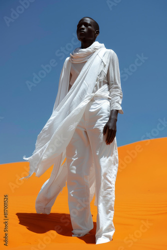 Editorial fashion photography of a model in white clothing against desert dunes and blue sky