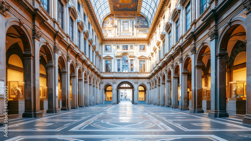 Sunlit interior of a Gallery in Florence showcasing classic renaissance architecture
