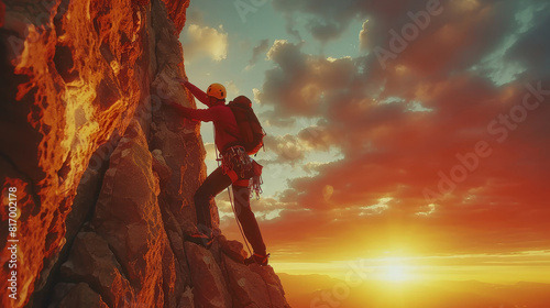 Determined climber reaches for a helping hand on a rugged mountain at sunset