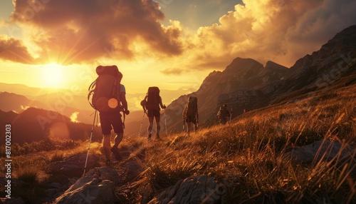 An adventurous mountain hiking scene with a group trekking at sunset, capturing the essence of travel and outdoor exploration