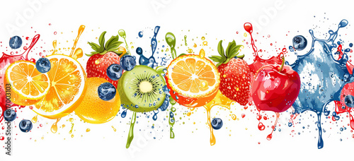 Colorful and vibrant seamless border of fresh fruits with splashing juice