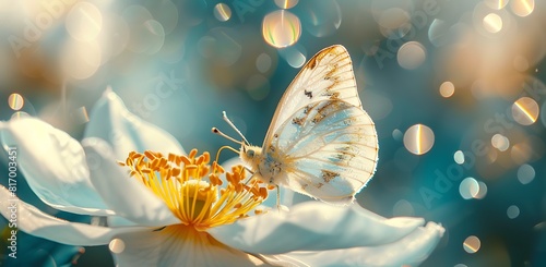 Beautiful butterfly on anemone flower with blue background banner, macro photo of yellow stamens and petals in spring nature