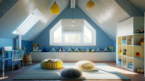 Bright, modern children's bedroom with blue and white decor featuring skylights, toys, bookshelves, a desk, and cozy seating. The room is filled with natural light.
