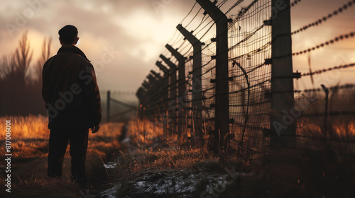 A solitary figure stands near a barbed wire fence at sunset, surrounded by dry grass and a moody, overcast sky, creating a dramatic and contemplative scene.
