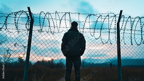 A person stands behind a barbed wire fence, gazing at a cloudy sunset scene, evoking a sense of isolation and contemplation.