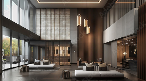 Modern dark and open space living room or hotel, grey sofa, natural oak acoustic slat wood panel on the wall. Hanging light. Two story hotel room. Panoramic floor to ceiling windows. 3d render.