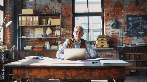 A mature man with glasses is seated at a desk working on a laptop in a stylish, industrial-style office with exposed brick walls and shelves filled with books and storage boxes.