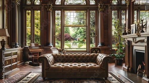 Traditional Living Room with View of English Garden Reflecting Georgian Era Elegance