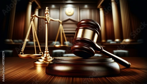 Gavel and Scales of Justice in Courtroom, Legal Concept