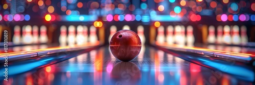 Illuminated bowling ball on lane with vibrant neon lights and blurred pins in a modern bowling alley