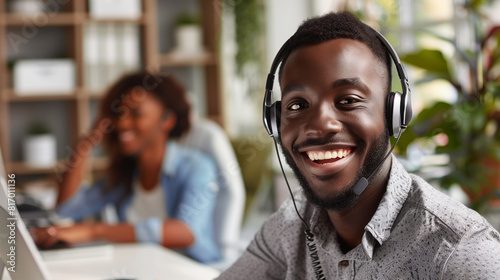 A smiling customer service representative wearing a headset sits at a desk in a modern office, with a colleague blurred in the background.