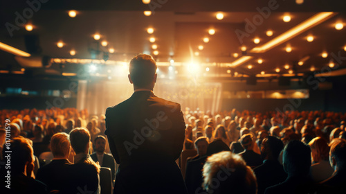 A speaker in a formal suit addressing a large audience at a conference or event, with a stage and bright lights, viewed from behind the speaker.
