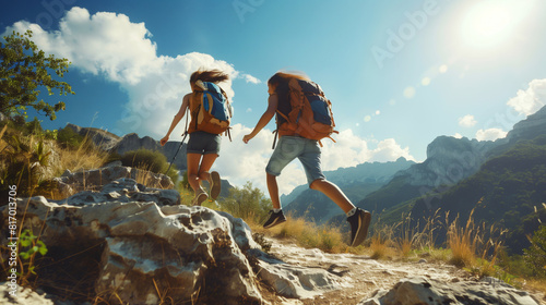 Two hikers with backpacks enjoying a sunny day on a rocky mountain trail. Both are wearing casual attire and the scenery features a clear sky with some clouds.