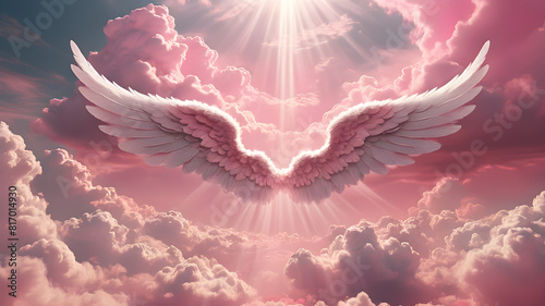 Pink angel wings illustration background on pink cloudy sky, Generative AI