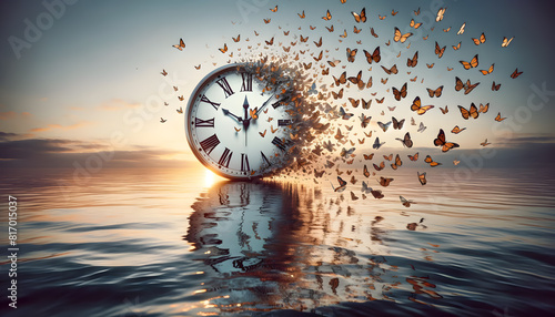 the concept of impermanence, depicting a clock face fragmenting into butterflies over a calm ocean at sunset.