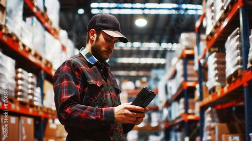 A warehouse worker stands among shelves filled with boxes and packages, using a handheld device to check inventory. He is wearing a plaid shirt and a baseball cap.