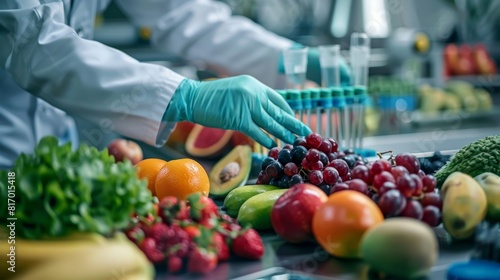 Scientist check chemical food residues in laboratory. Control experts inspect quality of fruits, vegetables. lab, hazards, ROHs, find prohibited substances, contaminate, Microscope, generate by AI