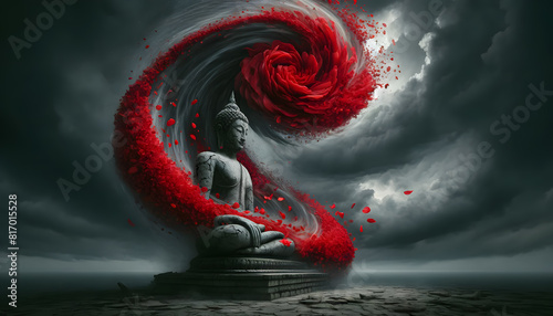 a vivid red rose disintegrating into petals swirling around an ancient Buddha statue, illustrating the concept of impermanence with dramatic flair.