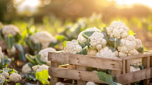 Fresh harvested cauliflower in the wood box in the plantation under the sun light background.