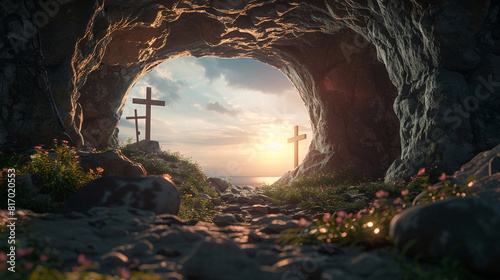 Easter Religious concept: Empty tomb, jesus, Cross and Mountain