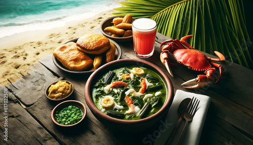 Trinidadian Callaloo creamy soup with dasheen leaves, okra, and crab, served beachside with fried bake and sorrel drink. Illustration for banner, food menu background, poster, brochure, cover photo. 
