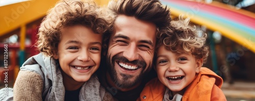 Happy family. Father and sons are smiling and laughing together