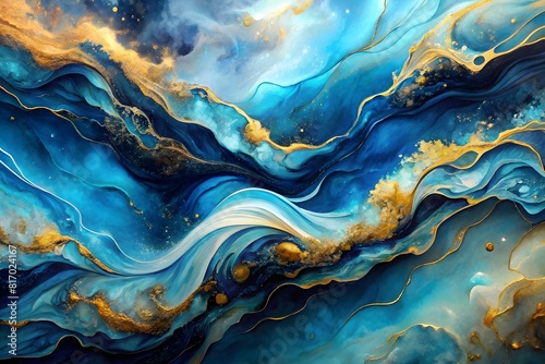 An abstract painting with flowing blue and black colors, resembling water or oil, with gold accents