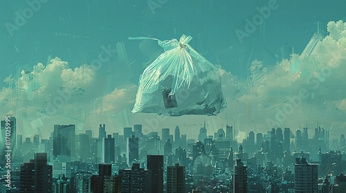 A plastic bag caught in the wind, floating over a city.