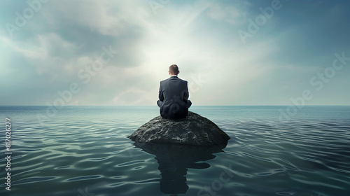 Um empresário está sentado numa pedra no meio do mar